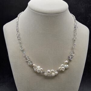 Delicate Multi-strand Silver & White Freshwater Pearls Faceted Crystal Beads 16"